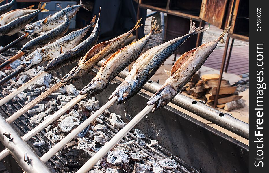 Mackerel cooking on hot coals closeup