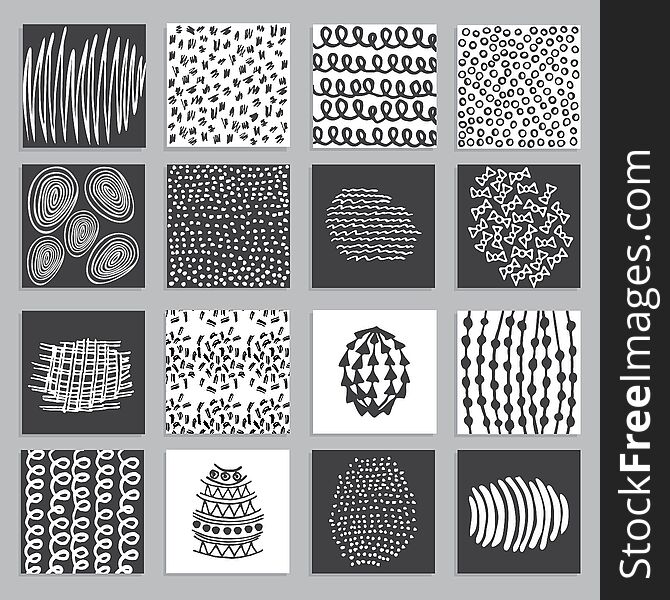 Set of 16 creative black and white cards with hand drawn textures pen and ink arts. Stickers for invitations. Vector design of flayers, banners, posters.