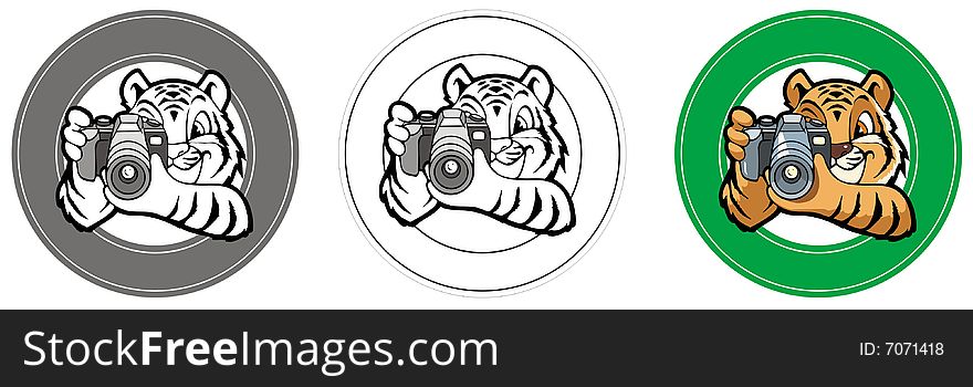 Tiger-photographer in a circle, element for design, vector illustration
