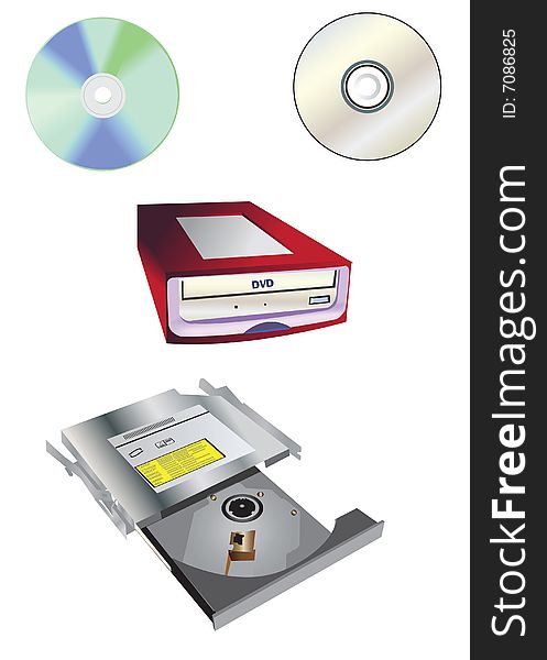 Illustration of CD, DVD dic and CD-DVD devices. Illustration of CD, DVD dic and CD-DVD devices