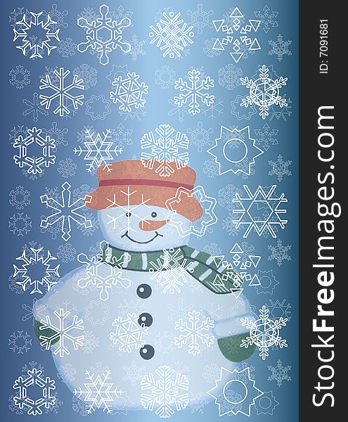 snowman with snowflakes on a blue background