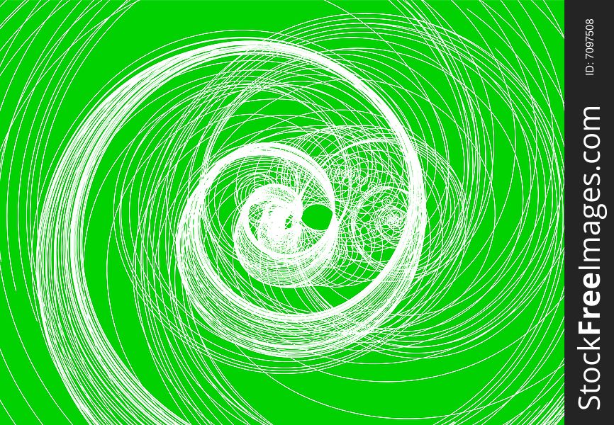 White lines depicting spiral shaped forms with green background. White lines depicting spiral shaped forms with green background