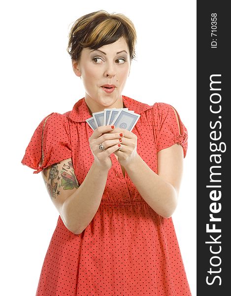 young actress with tattoos, a red girlish dress, poses different postures and expressions for an audition, with playing cards, over a white background. young actress with tattoos, a red girlish dress, poses different postures and expressions for an audition, with playing cards, over a white background