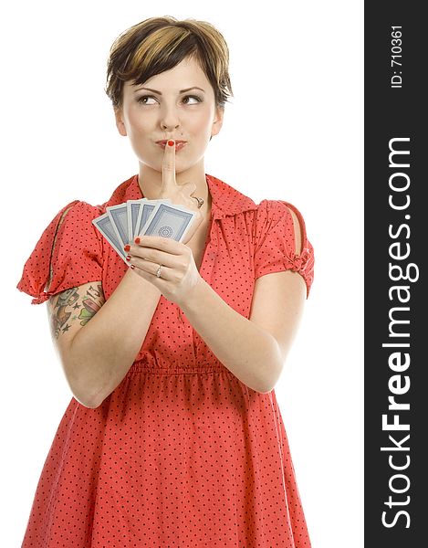 young actress with tattoos, a red girlish dress, poses different postures and expressions for an audition, with playing cards, over a white background. young actress with tattoos, a red girlish dress, poses different postures and expressions for an audition, with playing cards, over a white background