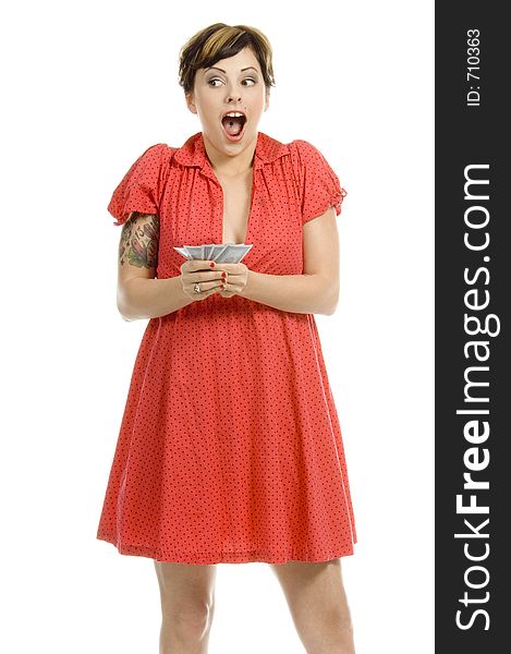 young actress with tattoos, a red girlish dress, poses different postures and expressions for an audition, with playing cards, over a white background. young actress with tattoos, a red girlish dress, poses different postures and expressions for an audition, with playing cards, over a white background