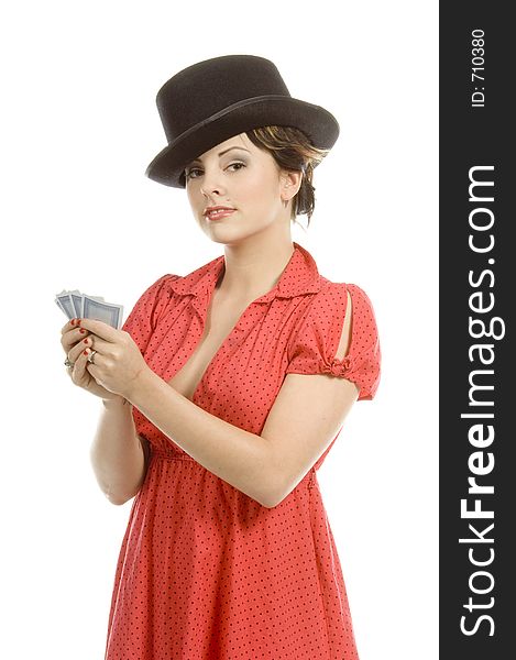 young actress with tattoos, a red girlish dress, poses different postures and expressions for an audition, with playing cards and a big black hat, over a white background. young actress with tattoos, a red girlish dress, poses different postures and expressions for an audition, with playing cards and a big black hat, over a white background