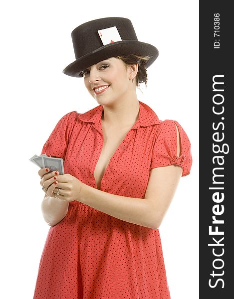 young actress with tattoos, a red girlish dress, poses different postures and expressions for an audition, with playing cards and a big black hat, over a white background. young actress with tattoos, a red girlish dress, poses different postures and expressions for an audition, with playing cards and a big black hat, over a white background