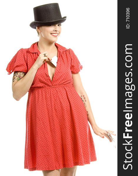 young actress with tattoos, a red girlish dress, poses different postures and expressions for an audition, with playing cards and a big black hat, over a white background. young actress with tattoos, a red girlish dress, poses different postures and expressions for an audition, with playing cards and a big black hat, over a white background