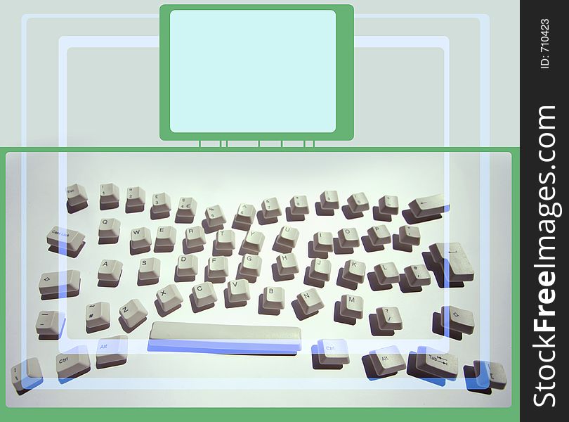 Keys from a computer keyboard arranged in a messy pattern with ovelayed monitor graphics. Keys from a computer keyboard arranged in a messy pattern with ovelayed monitor graphics