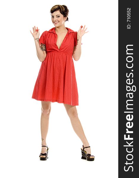 young actress with tattoos, a red girlish dress, poses different postures and expressions for an audition with dices, over a white background. young actress with tattoos, a red girlish dress, poses different postures and expressions for an audition with dices, over a white background