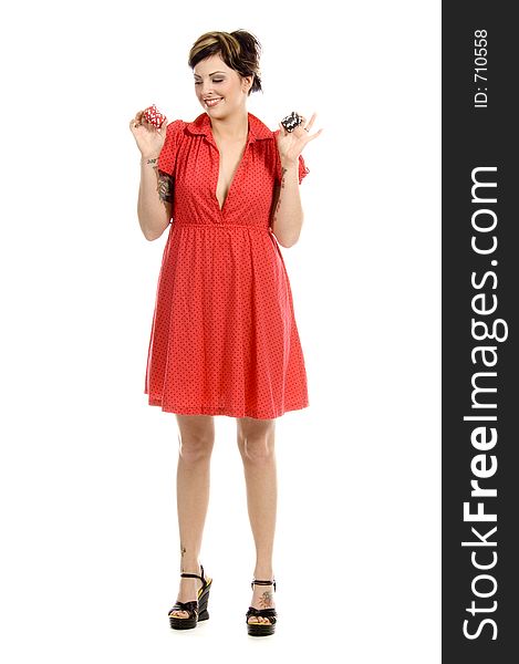 young actress with tattoos, a red girlish dress, poses different postures and expressions for an audition, holding tokens, over a white background. young actress with tattoos, a red girlish dress, poses different postures and expressions for an audition, holding tokens, over a white background