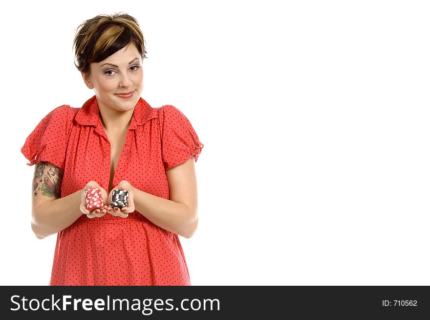 young actress with tattoos, a red girlish dress, poses different postures and expressions for an audition, holding tokens, over a white background. young actress with tattoos, a red girlish dress, poses different postures and expressions for an audition, holding tokens, over a white background