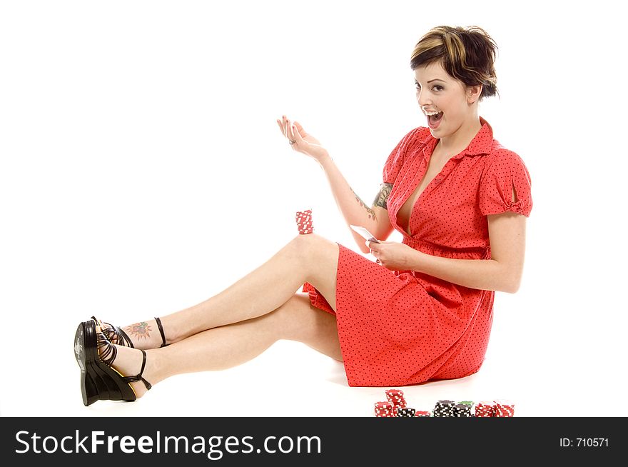 young actress with tattoos, a red girlish dress, poses different postures and expressions for an audition, holding tokens, over a white background. young actress with tattoos, a red girlish dress, poses different postures and expressions for an audition, holding tokens, over a white background