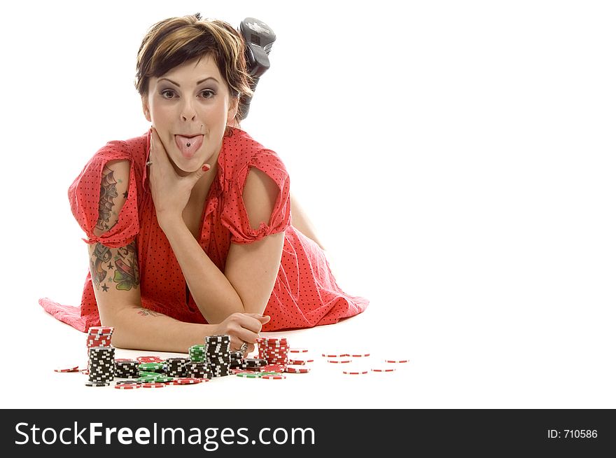 young actress with tattoos, a red girlish dress, poses different postures and expressions for an audition, with tokens in front of her, down on the white floor. young actress with tattoos, a red girlish dress, poses different postures and expressions for an audition, with tokens in front of her, down on the white floor