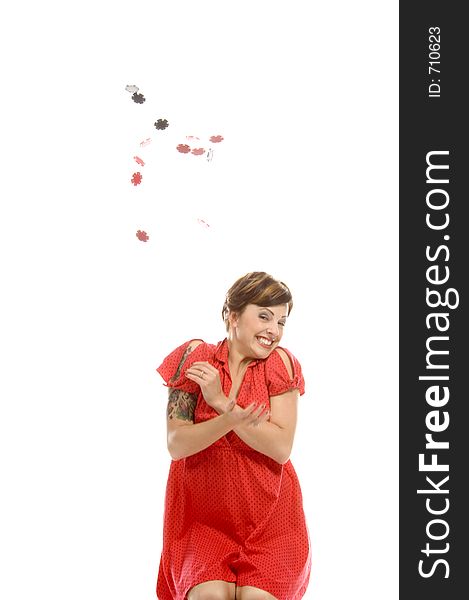 young actress with tattoos, a red girlish dress, poses different postures and expressions for an audition, throwing tokens all over the white background. young actress with tattoos, a red girlish dress, poses different postures and expressions for an audition, throwing tokens all over the white background