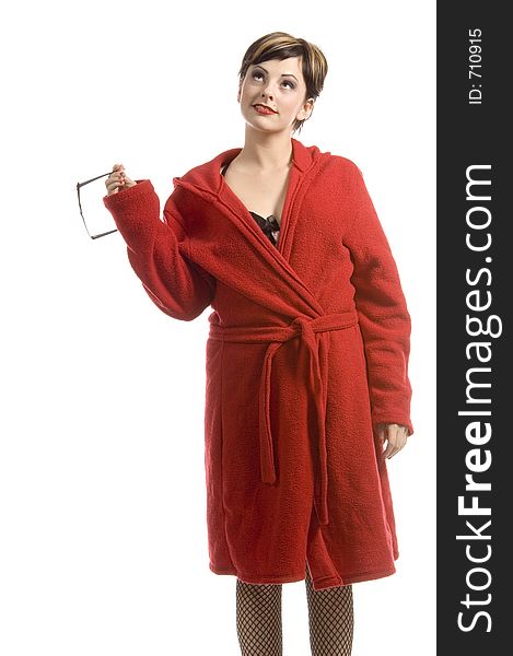 Young woman in red bathrobe holding her glasses. Young woman in red bathrobe holding her glasses