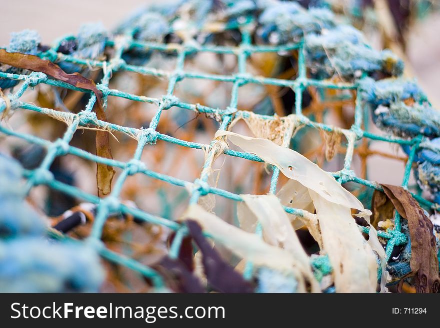 Abandoned lobster trap on an English beach. Random seaweed and litter taggled in with the mesh netting. Abandoned lobster trap on an English beach. Random seaweed and litter taggled in with the mesh netting.