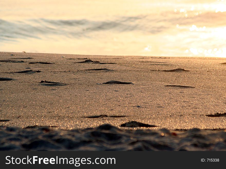 Footprints on the beach at sunrise. Footprints on the beach at sunrise