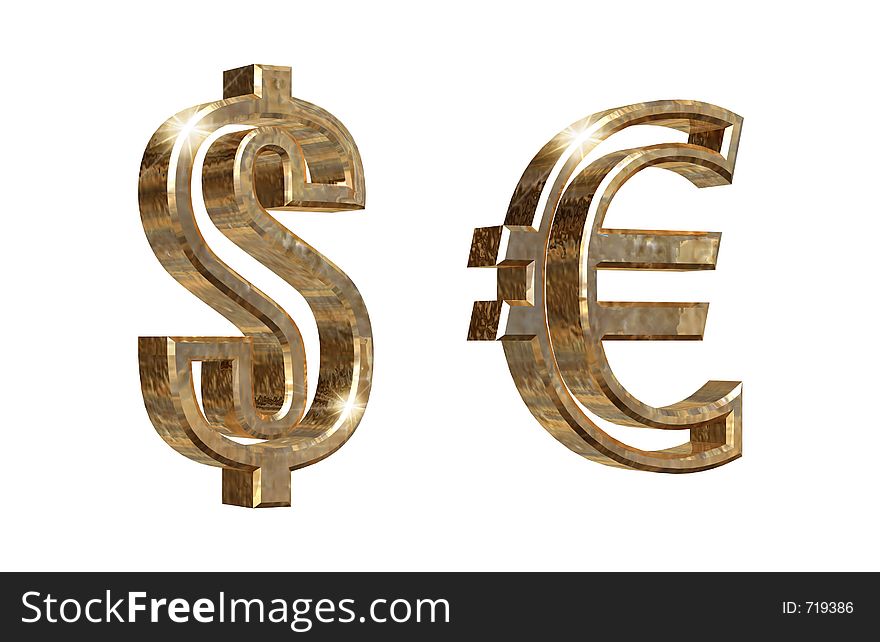 Golden dollar and euro symbols isolated on white 3d model rendering