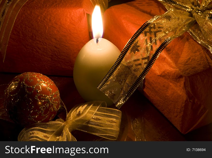 Christmas gift and decorations on reflective background. Christmas gift and decorations on reflective background