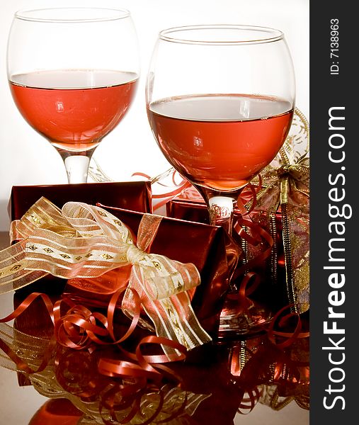 Christmas gifts decorations on reflecting background. Christmas gifts decorations on reflecting background