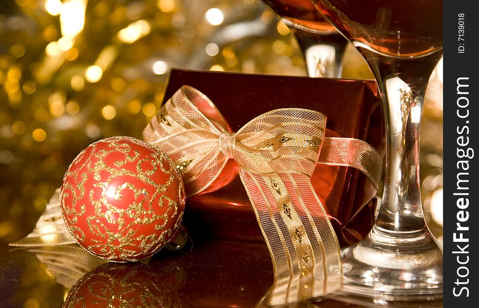 Christmas gifts decorations on reflecting background. Christmas gifts decorations on reflecting background