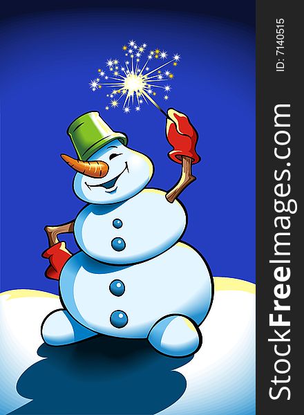 Snowman holding sparkler (Bengal light), vector illustration