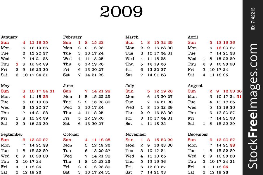 English Calendar 2009