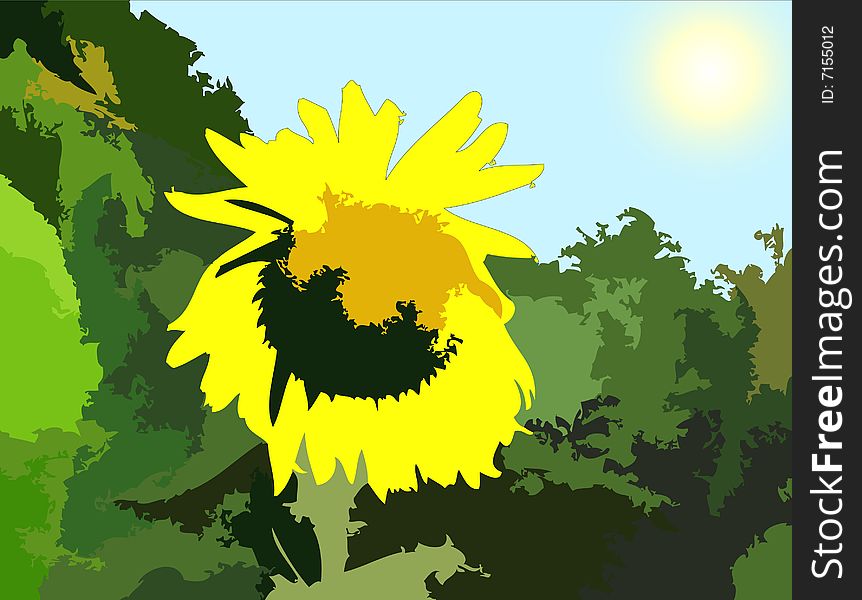 Painting of beautiful yellow sunflower hidden in the forest. Painting of beautiful yellow sunflower hidden in the forest