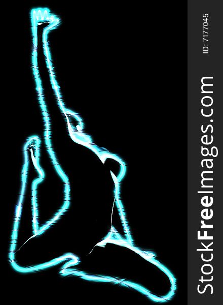 Woman in kneeling pose in neon light on black. Woman in kneeling pose in neon light on black.