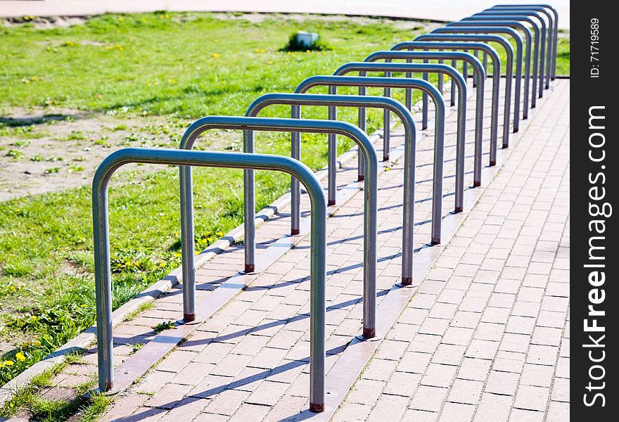 Parking space for bicycles outside on spring day