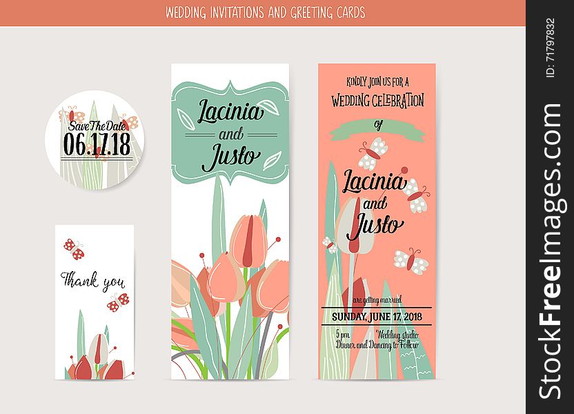 Wedding invitation card with romantic flower templates. Vector illustration.
