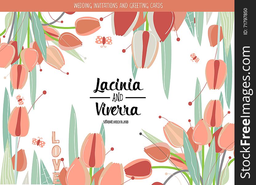 Wedding invitation card with romantic flower templates. Vector illustration.