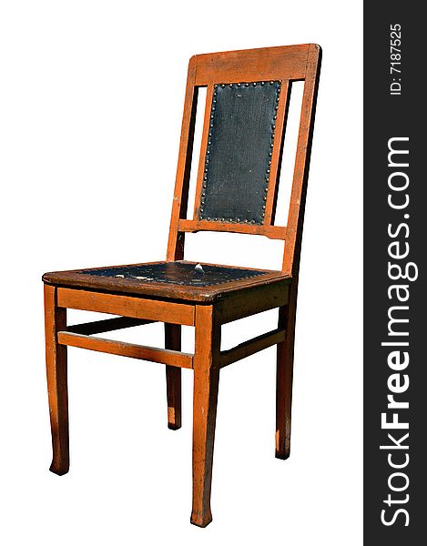 A view of an old chair upholstered by an oil cloth, isolated on a white background.