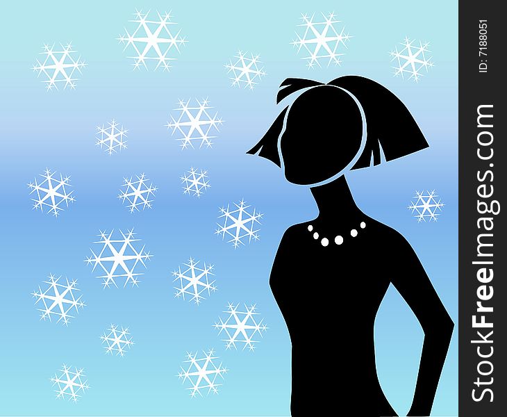 Woman silhouette on snowflakes background. Woman silhouette on snowflakes background