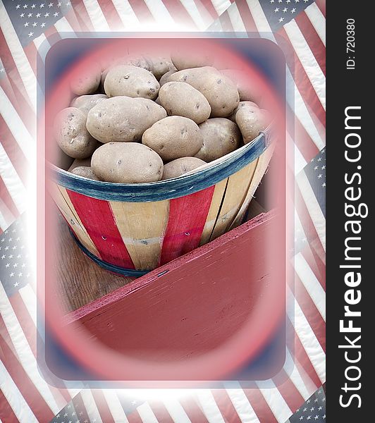 Potatoes in bright bucket and patriotic frame . Potatoes in bright bucket and patriotic frame .