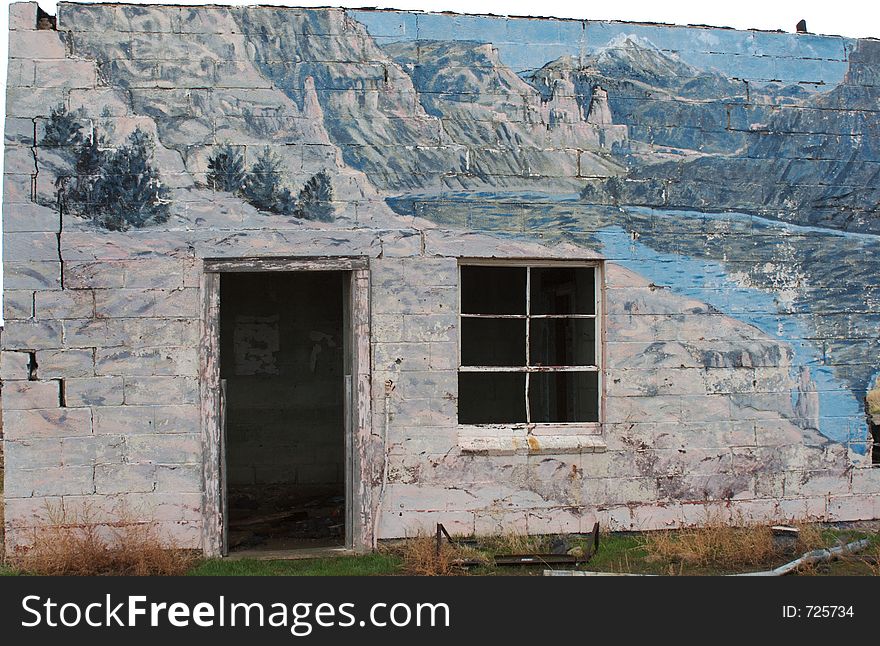 Abandoned gas station, Cisco Utah, with mural painted on front. Abandoned gas station, Cisco Utah, with mural painted on front