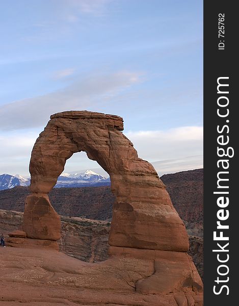 Delicate Arch with LaSalle Mountains in Background, Arches National Park, Utah