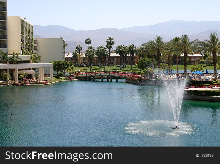 Lake with fountain at a resort hotel. Lake with fountain at a resort hotel