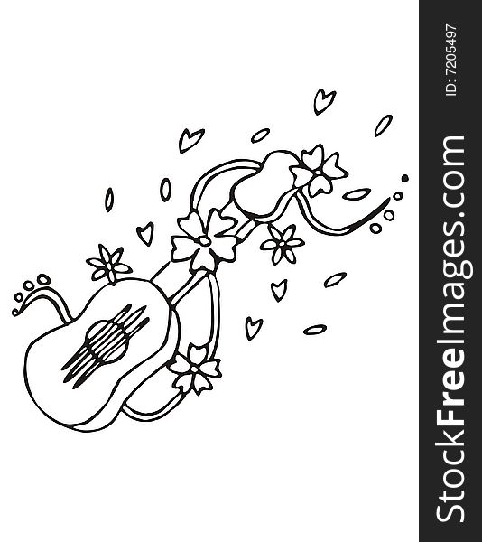 A simple hand drawing of a guitar and some flower spread over it. A simple hand drawing of a guitar and some flower spread over it