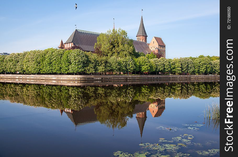 River landscape with cathedral on sunny summer day