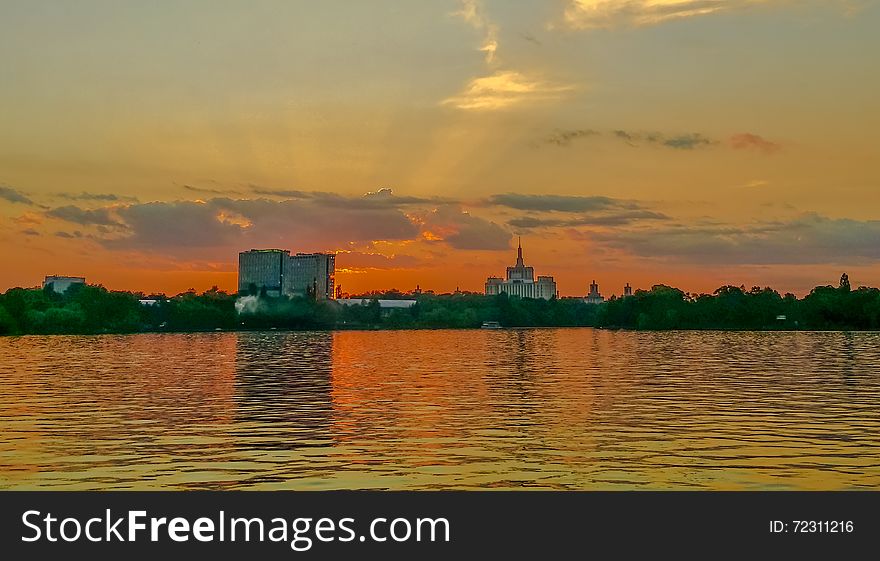 Vibrant colorful sunset on the lake from bucharest