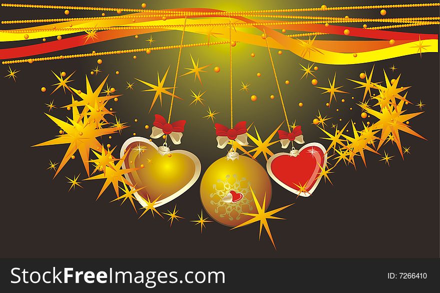 Christmas ball and colorful hearts. Background for card. Vector illustration