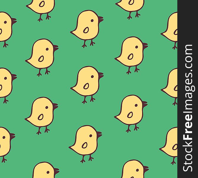 Seamless pattern cartoon chickens birds hand drawn