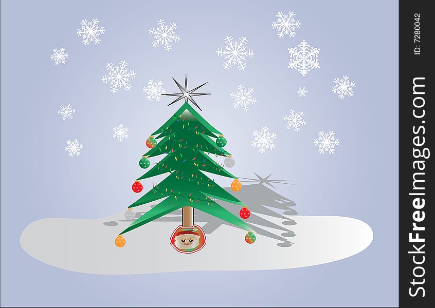 Beautiful christmas tree with snow scene and a santa tree skirt. Beautiful christmas tree with snow scene and a santa tree skirt.