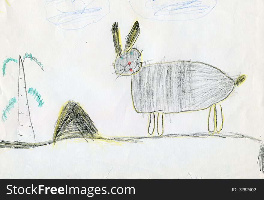 This is a child drawing of rabbit and a birch tree. This is a child drawing of rabbit and a birch tree.