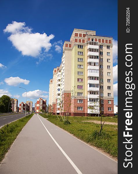 New modern residential area in the city on summer day. New modern residential area in the city on summer day
