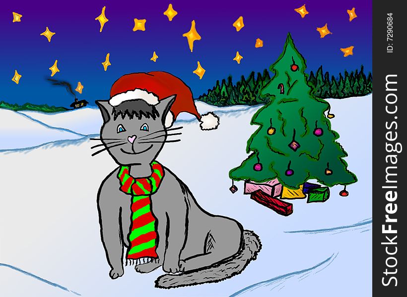 Illustration of Happy Christmas Cat with Red Hat sitting on white snow with golden stars above in the blue winter sky. Christmas tree is on the background. Illustration of Happy Christmas Cat with Red Hat sitting on white snow with golden stars above in the blue winter sky. Christmas tree is on the background.