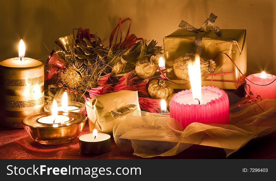 Christmas gift, ornaments and candles. Christmas gift, ornaments and candles