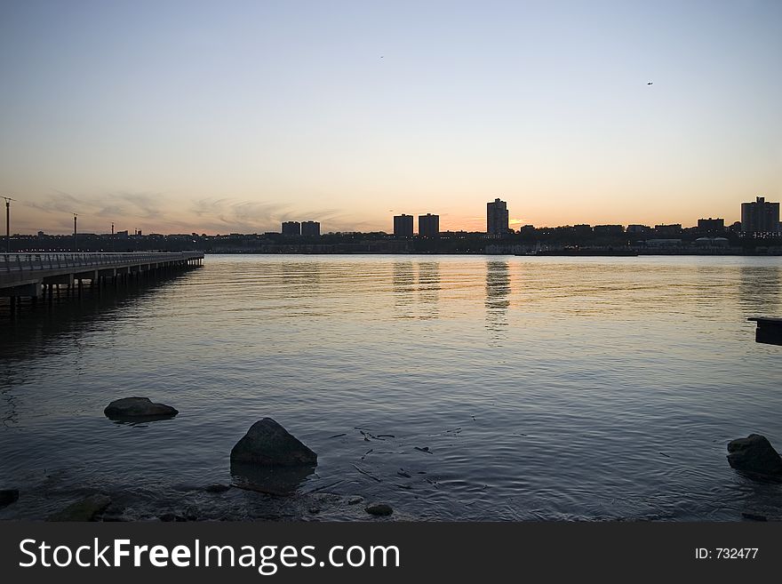 Sunset on Hudson river, New Jersey skyline.